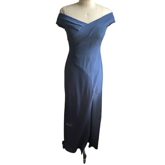 NWT Aidan Mattox Off-the-Shoulder Pleated Crepe Gown Twilight Navy Size 6 - Picture 4 of 12